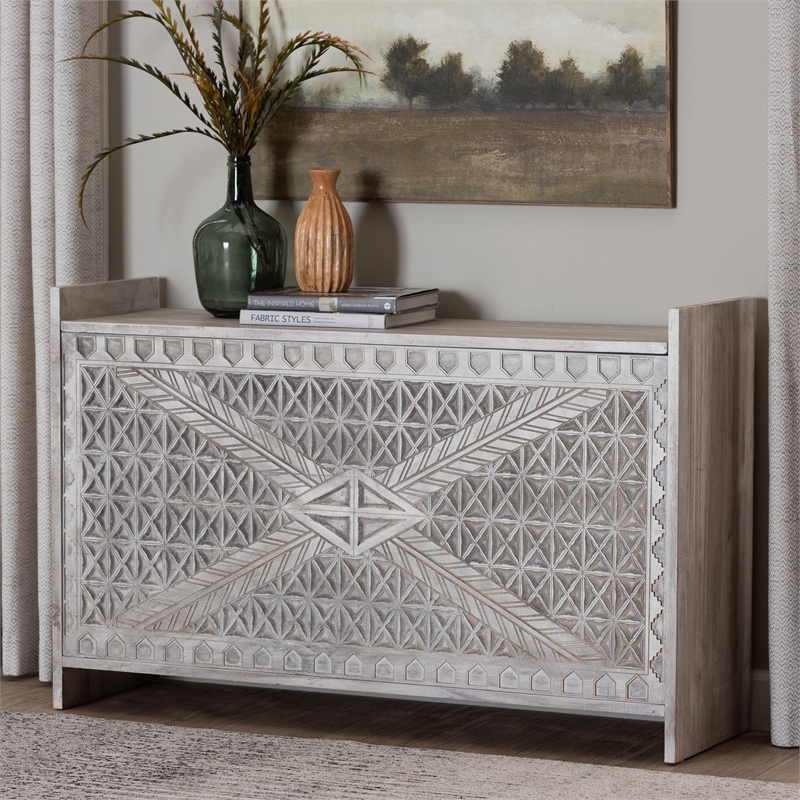 Pemberly Row Contemporary Wood Storage Trunk with Carved Geometric Front
