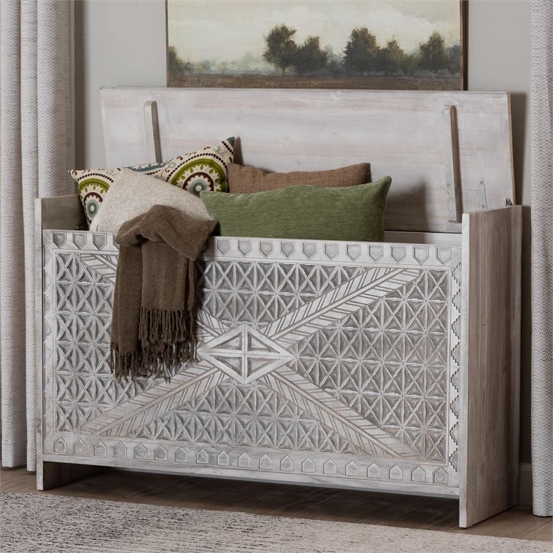 Pemberly Row Contemporary Wood Storage Trunk with Carved Geometric Front