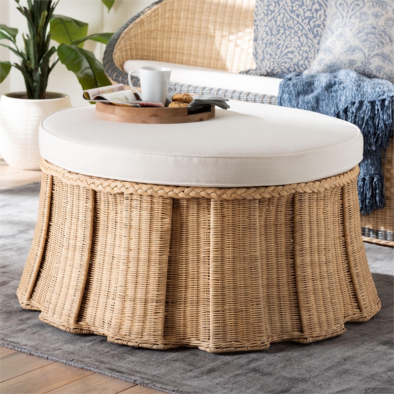 Pemberly Row Contemporary Round Rattan Ottoman with Removable Cushion