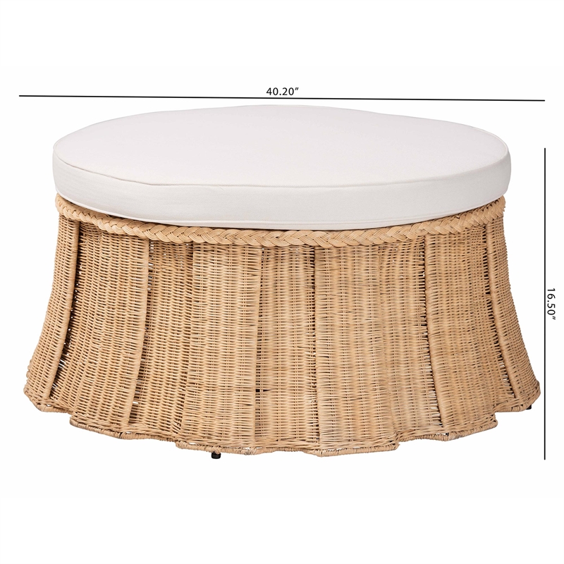 Pemberly Row Contemporary Round Rattan Ottoman with Removable Cushion
