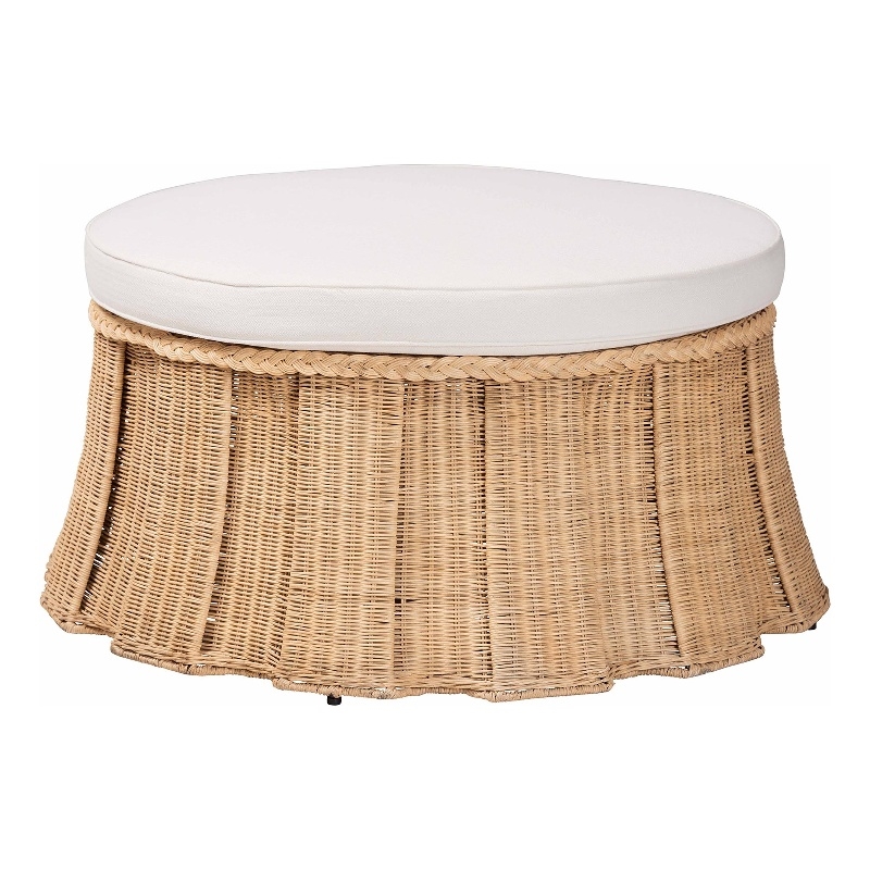 Pemberly Row Contemporary Round Rattan Ottoman with Removable Cushion