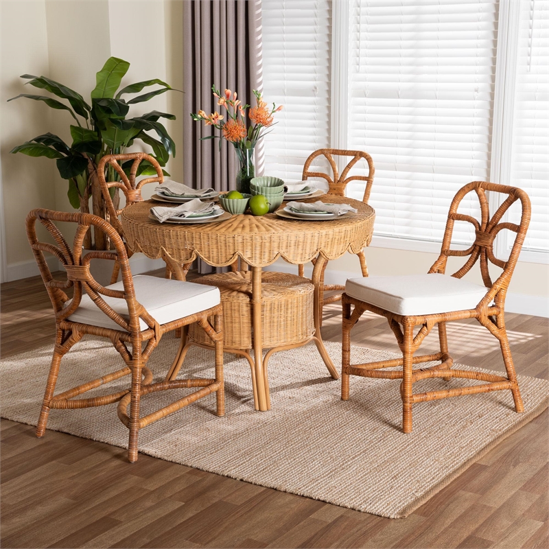 Pemberly Row Contemporary 5-Piece Rattan Dining Set in Light Honey