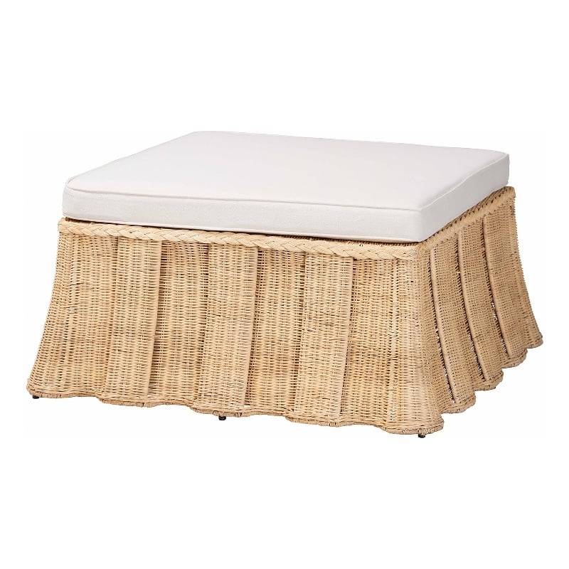 Pemberly Row Contemporary Pleated Rattan Cocktail Ottoman with Cushion