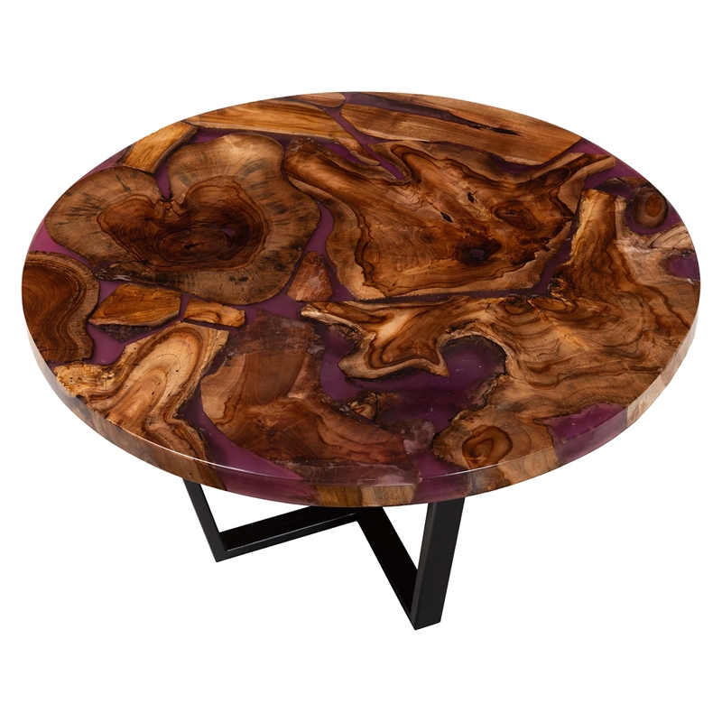Pemberly Row Contemporary Round Teak Wood and Resin Coffee Table