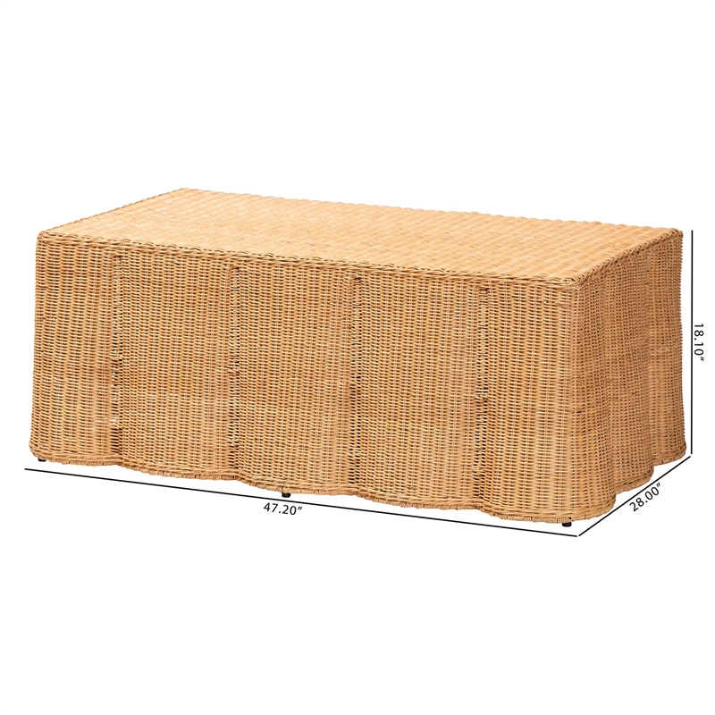 Pemberly Row Contemporary Scalloped Rattan Coffee Table in Light Honey
