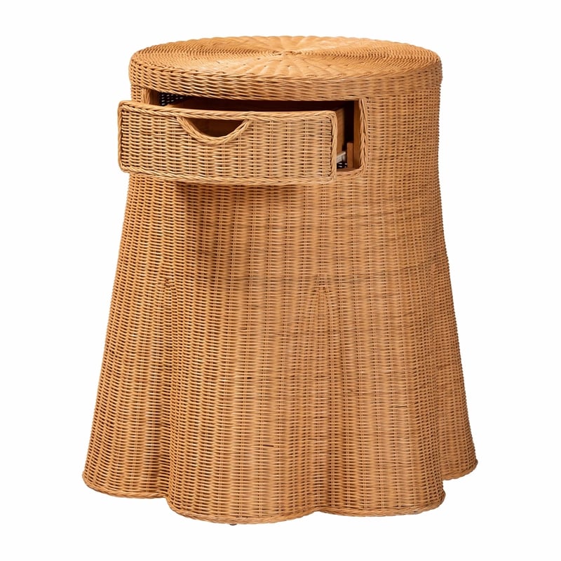 Pemberly Row Scalloped Rattan Round Console Table with Drawer