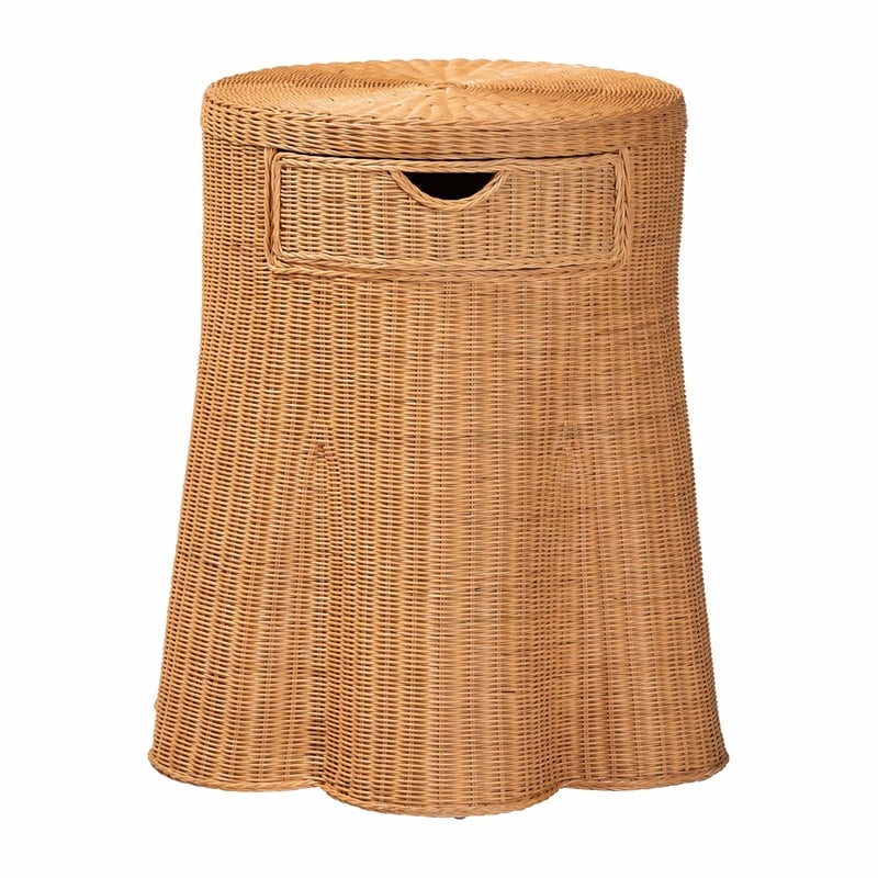 Pemberly Row Scalloped Rattan Round Console Table with Drawer