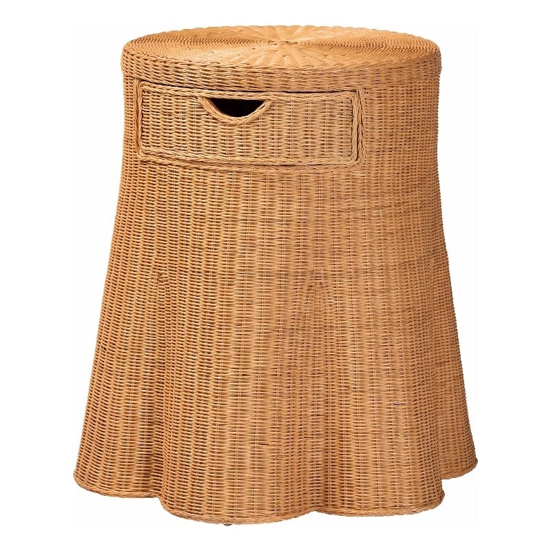 Pemberly Row Scalloped Rattan Round Console Table with Drawer