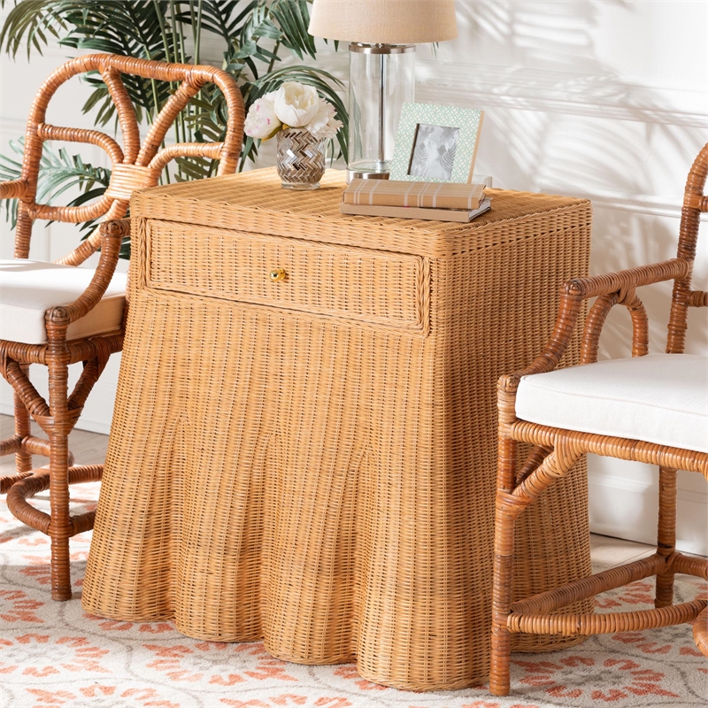Pemberly Row Contemporary Scalloped Rattan Console Table with Drawer