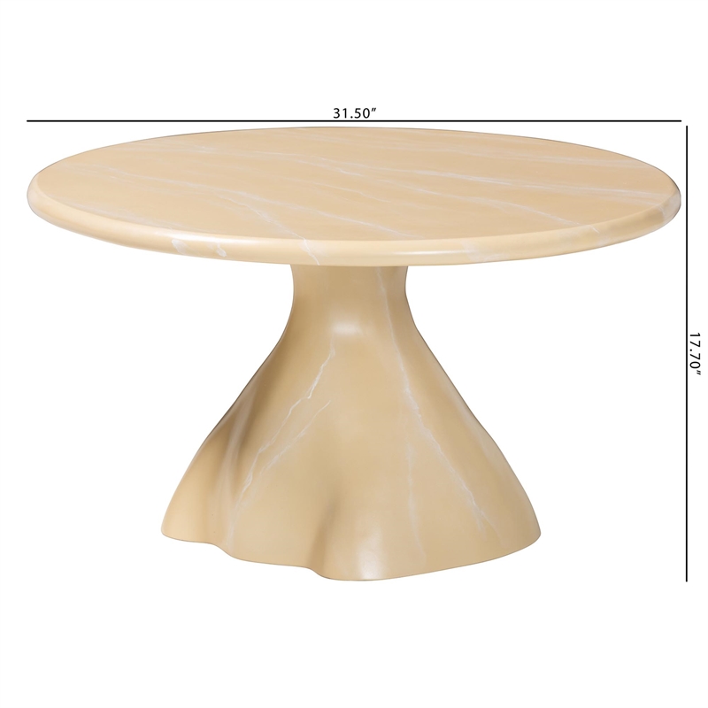 Pemberly Row Marbled Resin Coffee Table with Pedestal Base in Cream