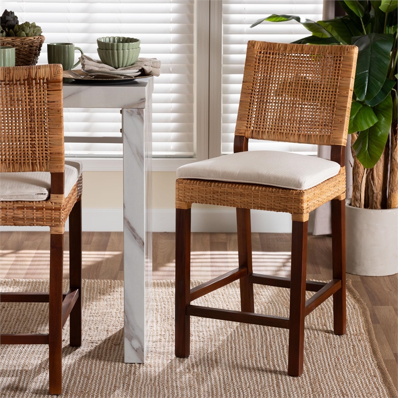 Pemberly Row Rattan Counter Stool with Woven Lattice Backrest