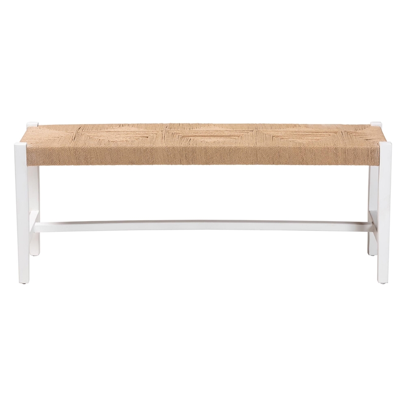 Pemberly Row Woven Paper Loom Bench with Mahogany Frame in White