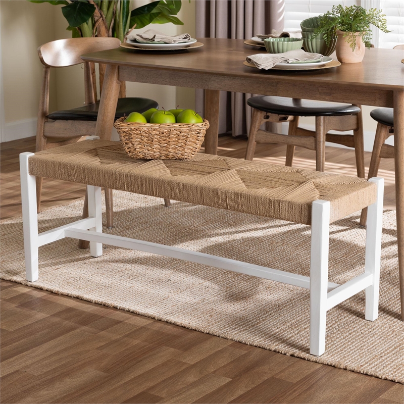 Pemberly Row Woven Paper Loom Bench with Mahogany Frame in White