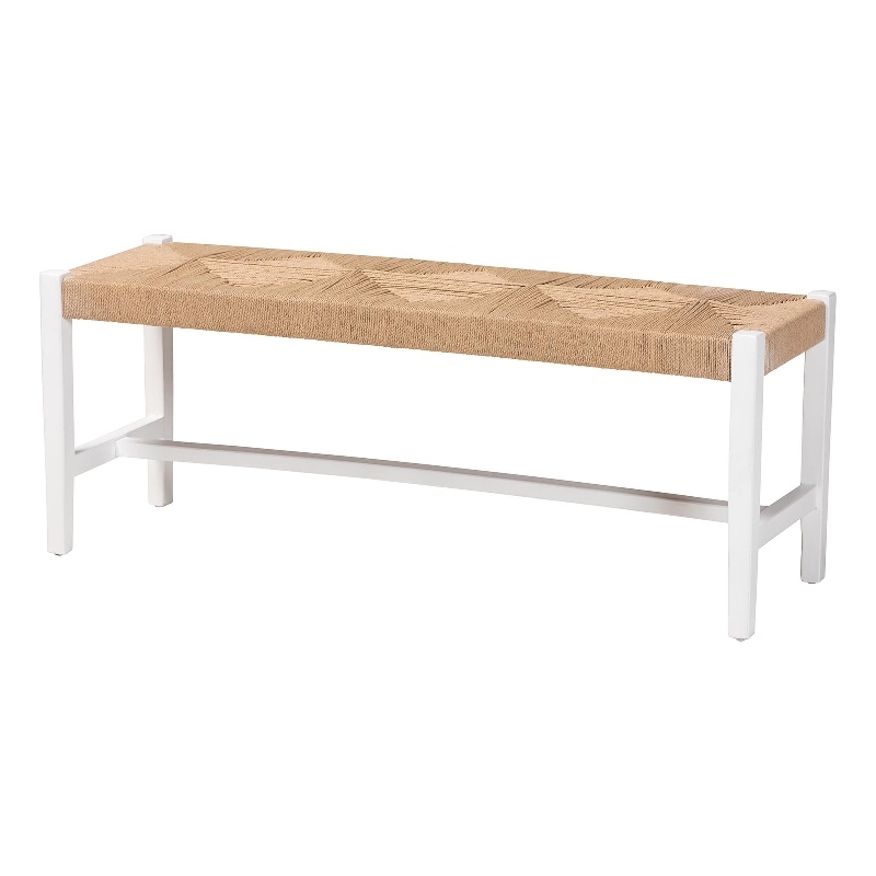 Pemberly Row Woven Paper Loom Bench with Mahogany Frame in White