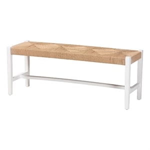 Pemberly Row Woven Paper Loom Bench with Mahogany Frame in White