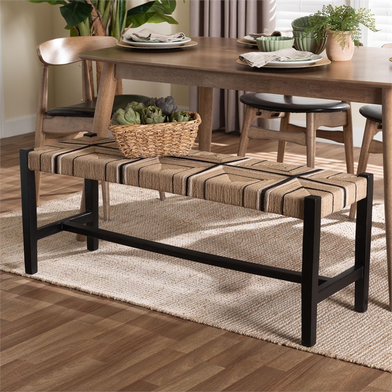 Pemberly Row Woven Paper Loom Bench with Mahogany Frame in Black