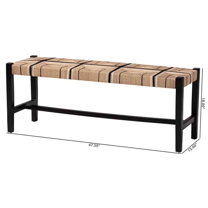 Pemberly Row Woven Paper Loom Bench with Mahogany Frame in Black