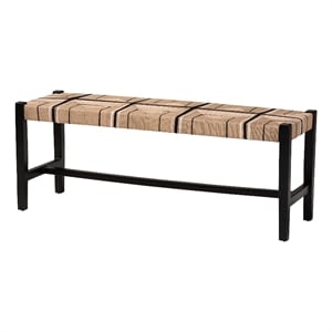 Pemberly Row Woven Paper Loom Bench with Mahogany Frame in Black
