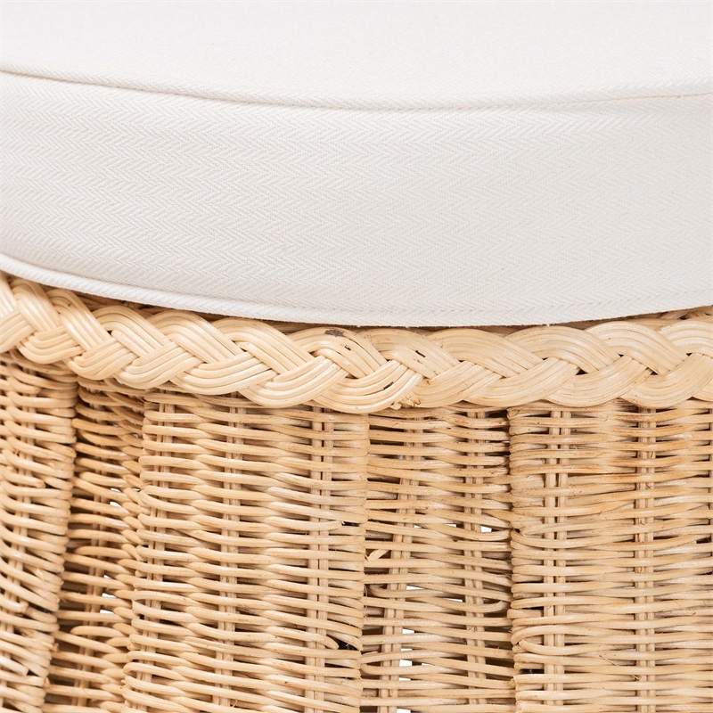 Pemberly Row Round Pleated Rattan Ottoman with Removable Cushion