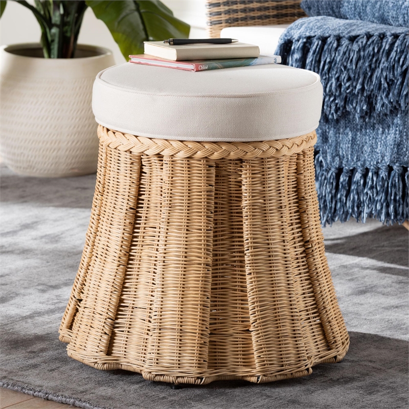 Pemberly Row Round Pleated Rattan Ottoman with Removable Cushion