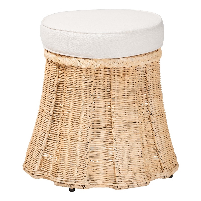 Pemberly Row Round Pleated Rattan Ottoman with Removable Cushion