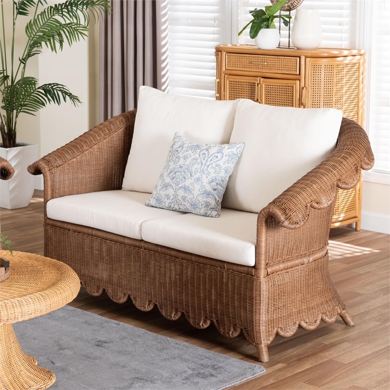 Pemberly Row Scalloped Rattan Loveseat with Removable Cushions