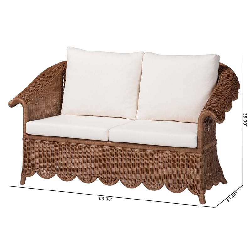 Pemberly Row Scalloped Rattan Loveseat with Removable Cushions