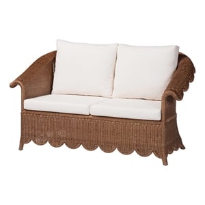 Pemberly Row Scalloped Rattan Loveseat with Removable Cushions