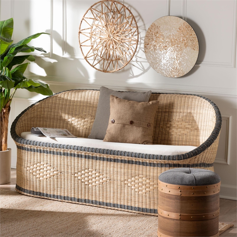 Pemberly Row Contemporary Rattan Loveseat with Diamond Weave Backrest