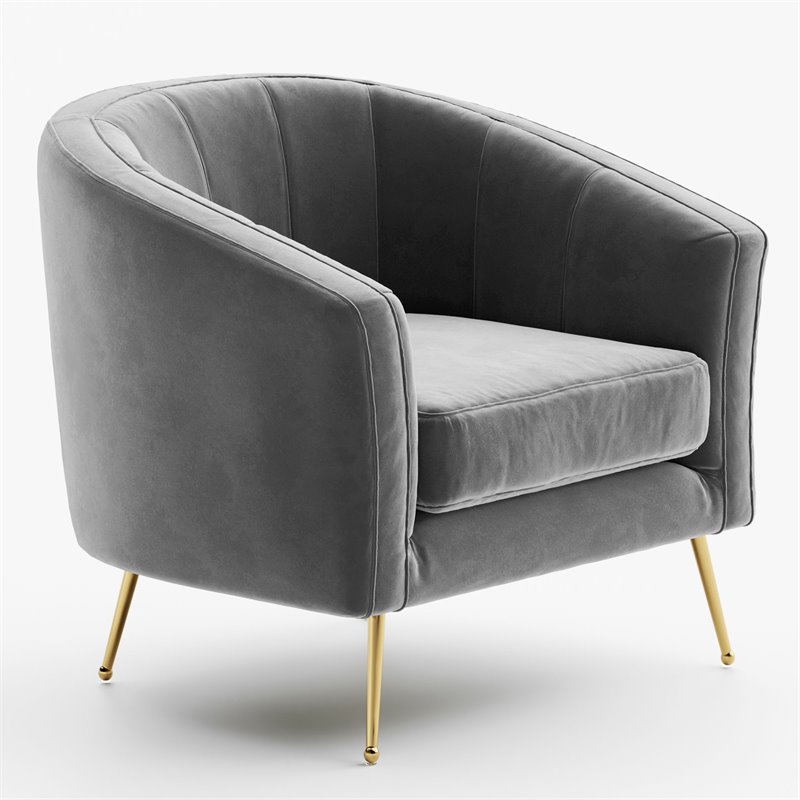 Pemberly Row Barrel Steel and Velvet Accent Chair with Gold Legs in Gray