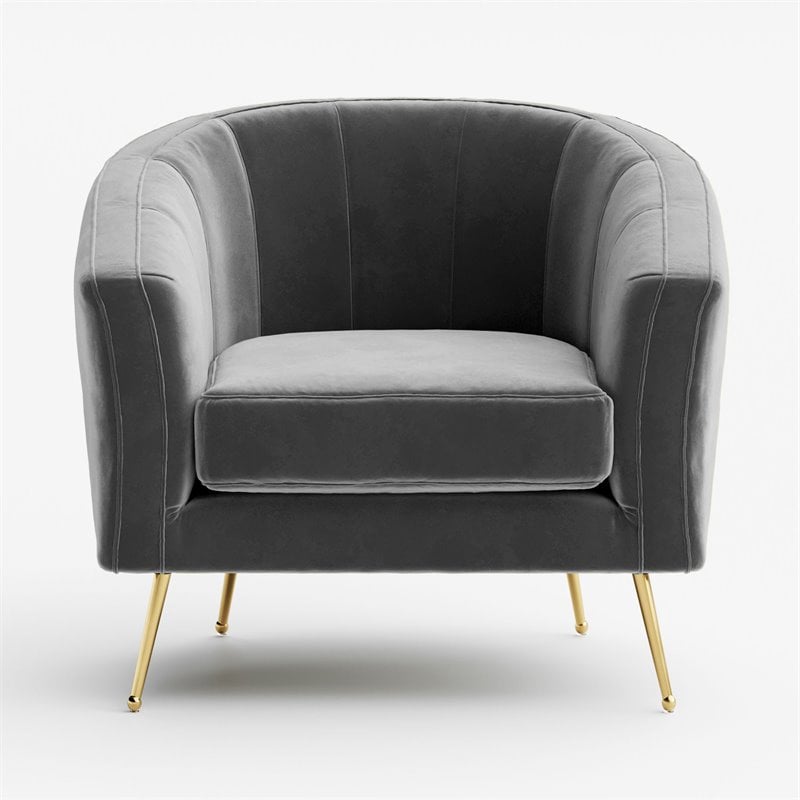 Pemberly Row Barrel Steel and Velvet Accent Chair with Gold Legs in Gray