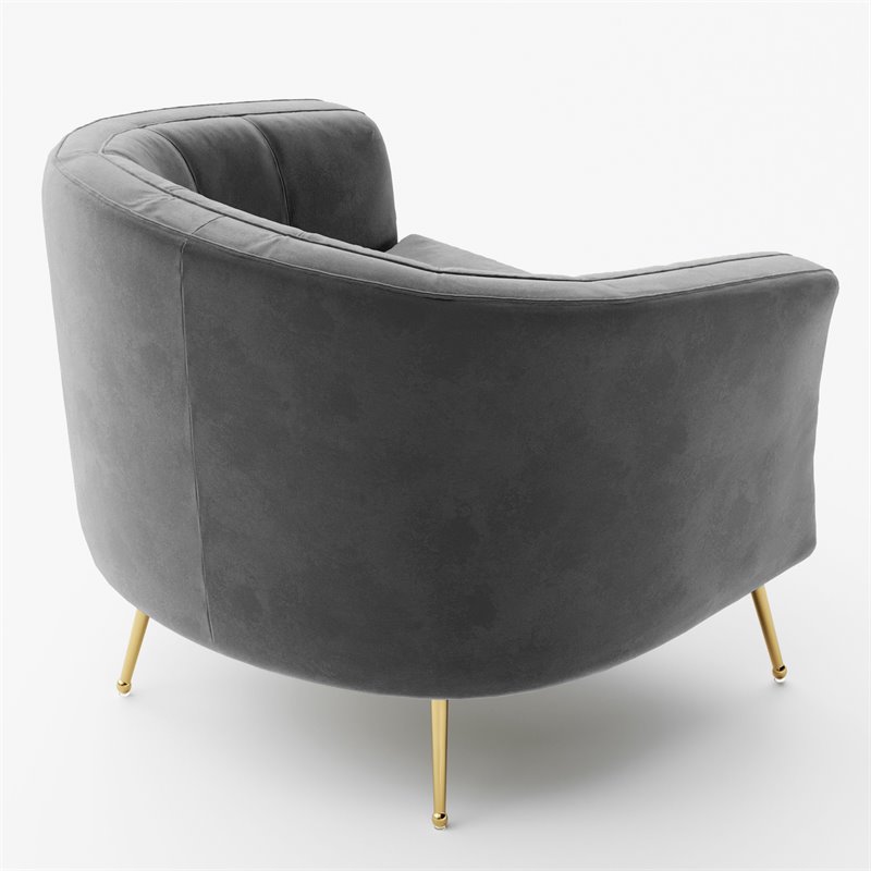 Pemberly Row Barrel Steel and Velvet Accent Chair with Gold Legs in Gray