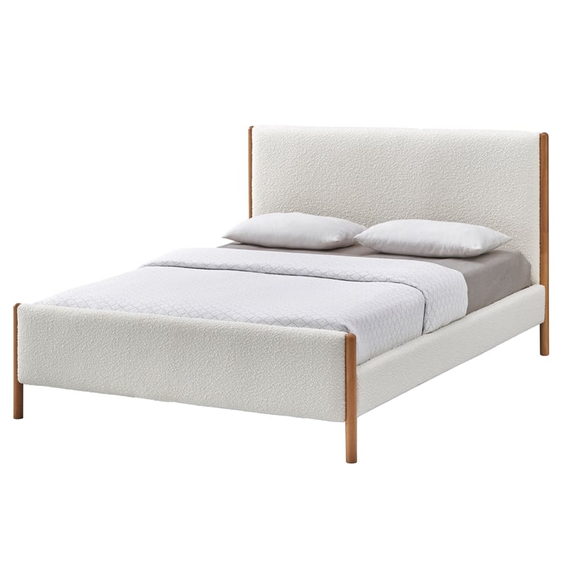 Pemberly Row Upholstered Platform Queen Bed in White Boucle Fabric