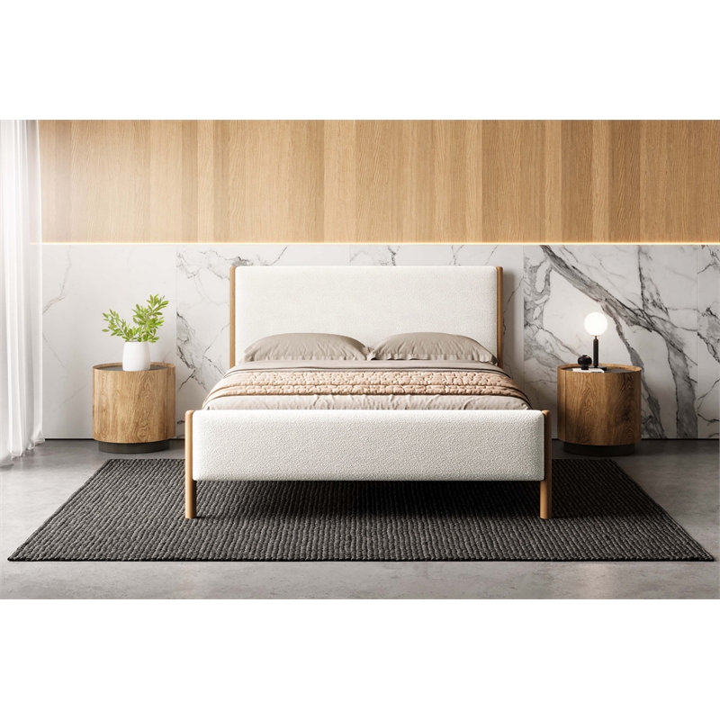 Pemberly Row Upholstered Platform Queen Bed in White Boucle Fabric