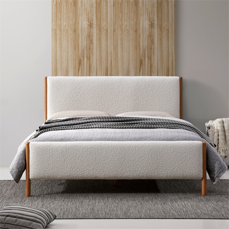 Pemberly Row Upholstered Platform Queen Bed in White Boucle Fabric