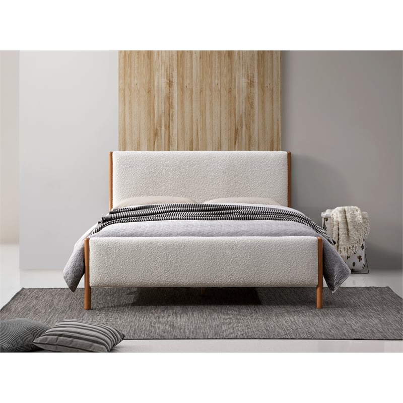 Pemberly Row Upholstered Platform Queen Bed in White Boucle Fabric