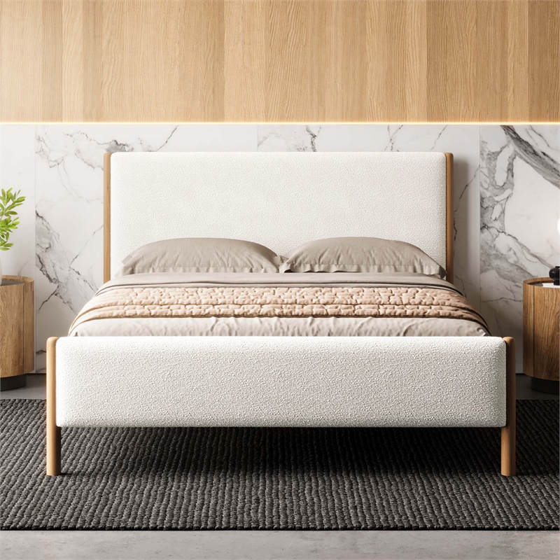 Pemberly Row Upholstered Platform Queen Bed in White Boucle Fabric