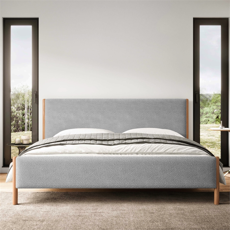 Pemberly Row Upholstered Platform King Bed in Gray Boucle Fabric
