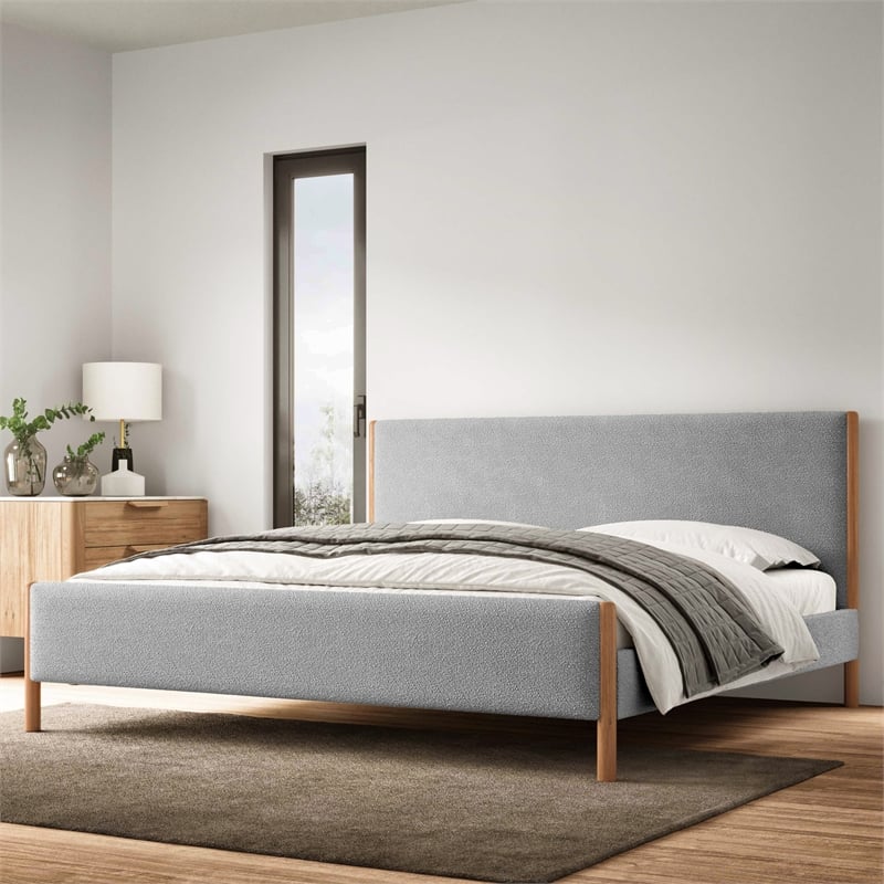 Pemberly Row Upholstered Platform King Bed in Gray Boucle Fabric