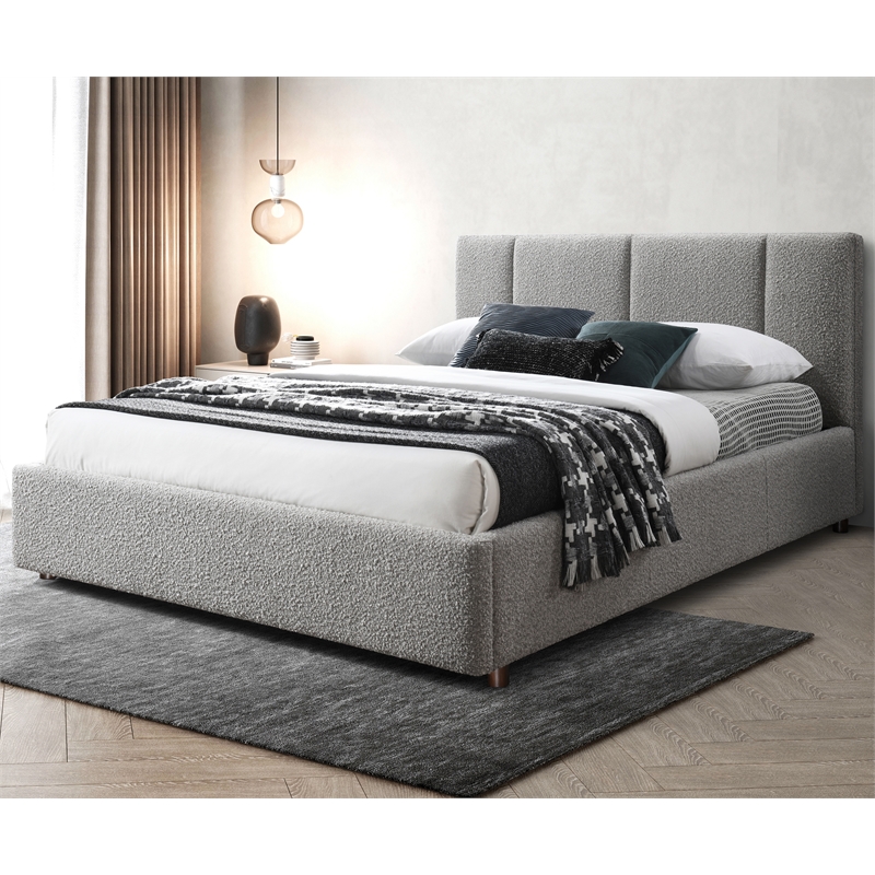 Pemberly Row Channel Tufted Upholstered Platform Queen Bed in Gray Boucle