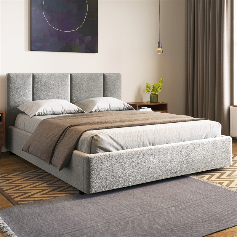 Pemberly Row Channel Tufted Upholstered Platform Queen Bed in Gray Boucle