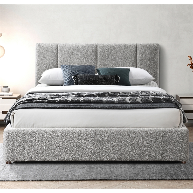 Pemberly Row Channel Tufted Upholstered Platform Queen Bed in Gray Boucle