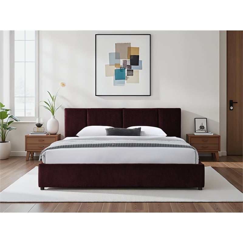 Pemberly Row Channel Tufted Upholstered Platform King Bed in Burgundy
