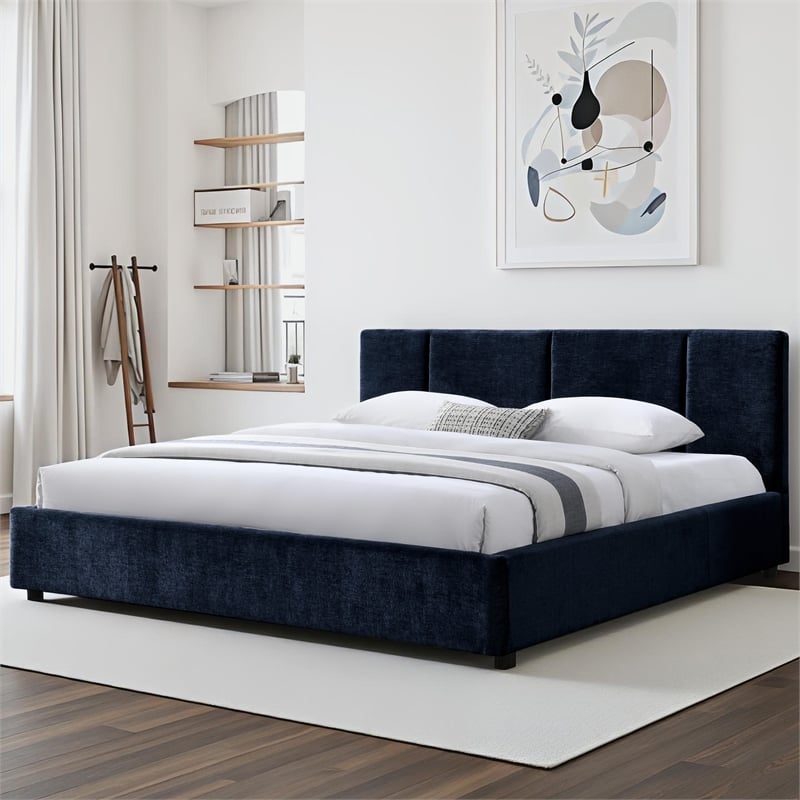Pemberly Row Channel Tufted Upholstered Platform King Bed in Blue Fabric