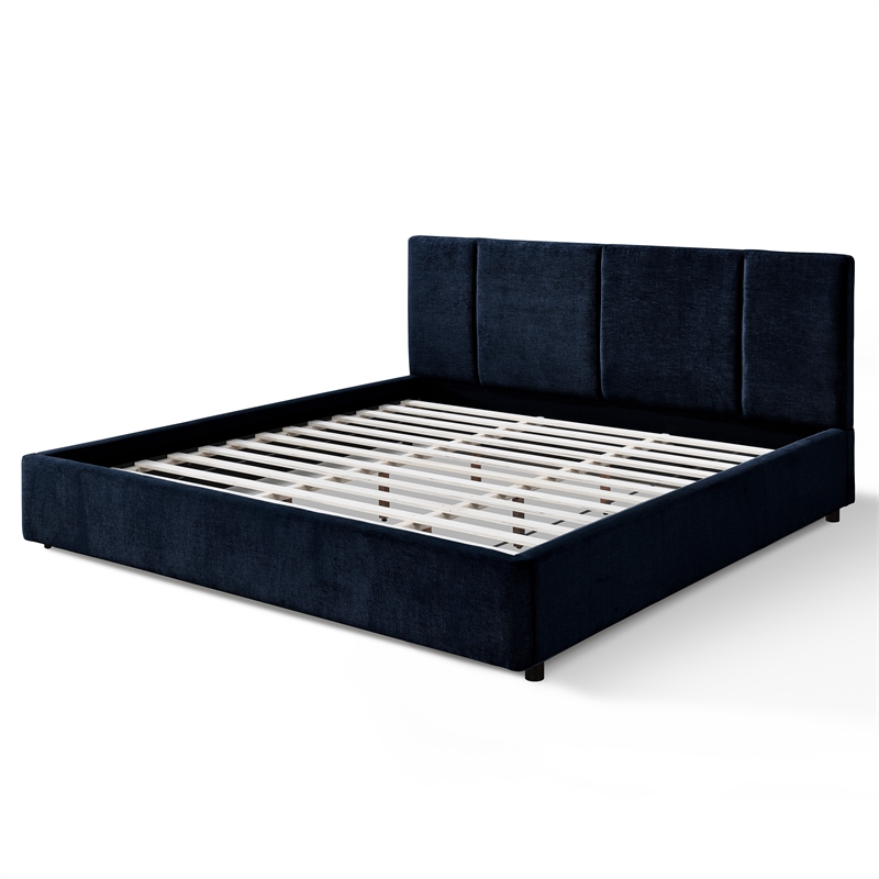 Pemberly Row Channel Tufted Upholstered Platform King Bed in Blue Fabric