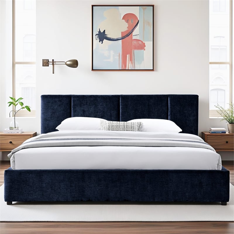 Pemberly Row Channel Tufted Upholstered Platform King Bed in Blue Fabric