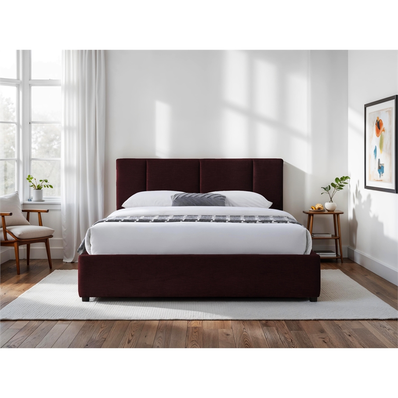 Pemberly Row Channel Tufted Fabric Upholstered Platform Queen Bed in Burgundy