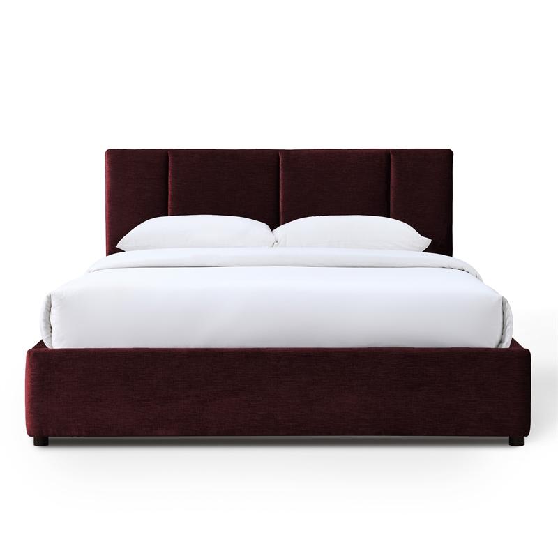 Pemberly Row Channel Tufted Fabric Upholstered Platform Queen Bed in Burgundy