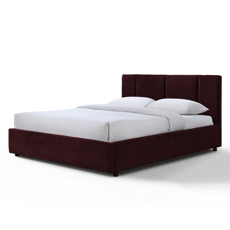 Pemberly Row Channel Tufted Fabric Upholstered Platform Queen Bed in Burgundy