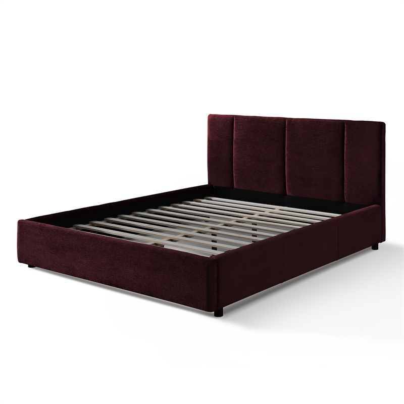 Pemberly Row Channel Tufted Fabric Upholstered Platform Queen Bed in Burgundy